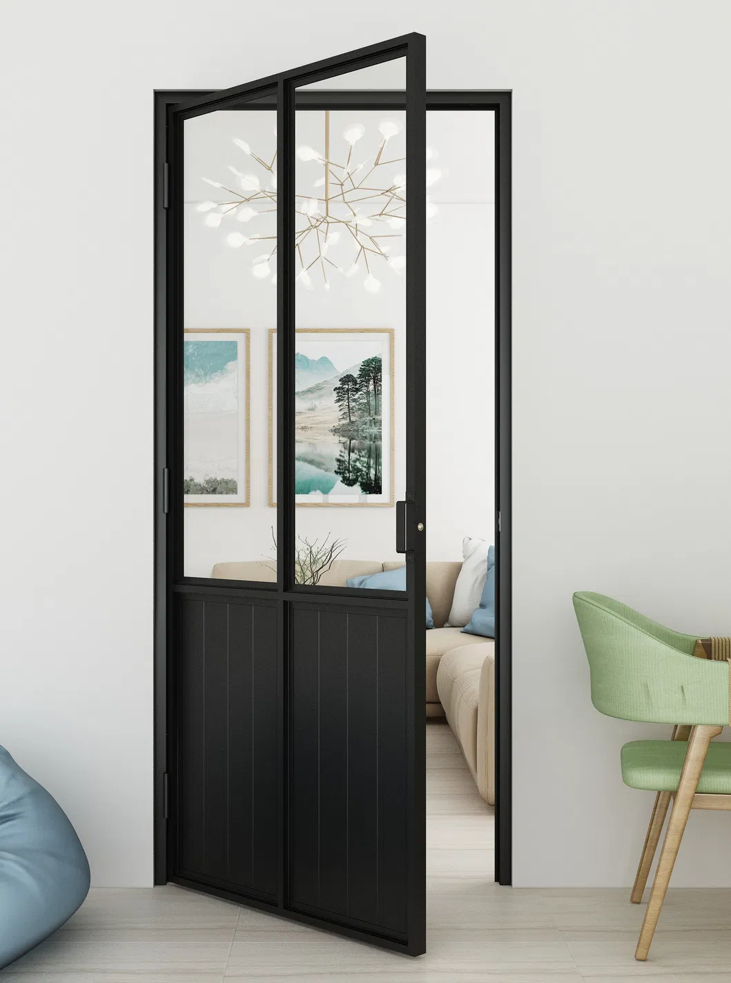 Morden French Style Steel Framed Glass Swing Door with Hinges and Handle