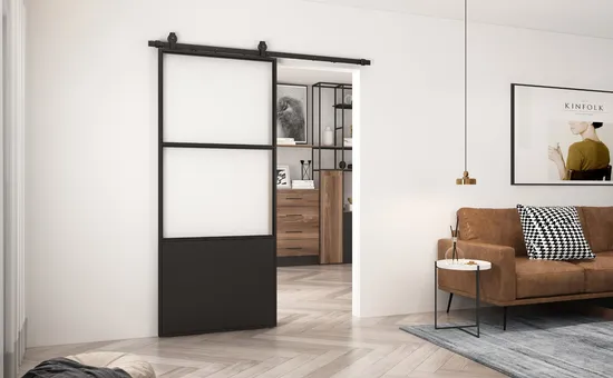 Barn Door Paneled Metal Glass Concorde Barn Door with Installation Hardware Kit