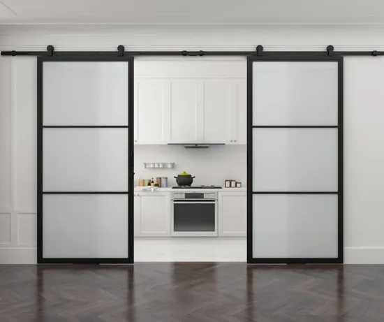 Double Steel Frame Clear Glass Barn Doors with Hardware