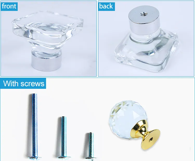 Plane Fillister Head Cupboard Door Handles with Crystals Knobs Glass Cabinet Handles
