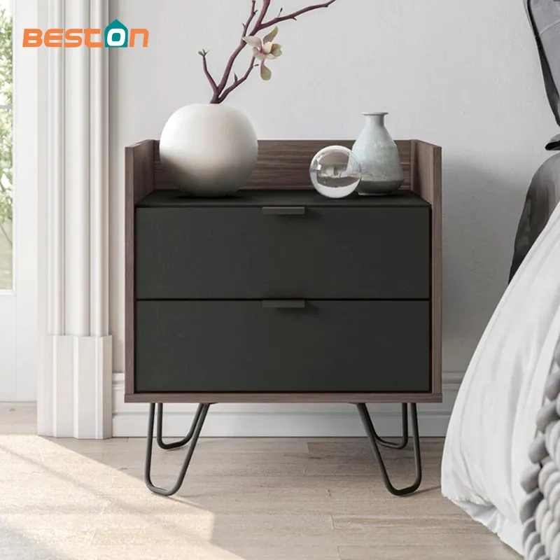 Modern Black Nightstand High Metal Base Bedside Table