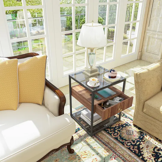 2 Layer Tempered Glass Coffee Table Square Nightstand Sofa End Bedside Table