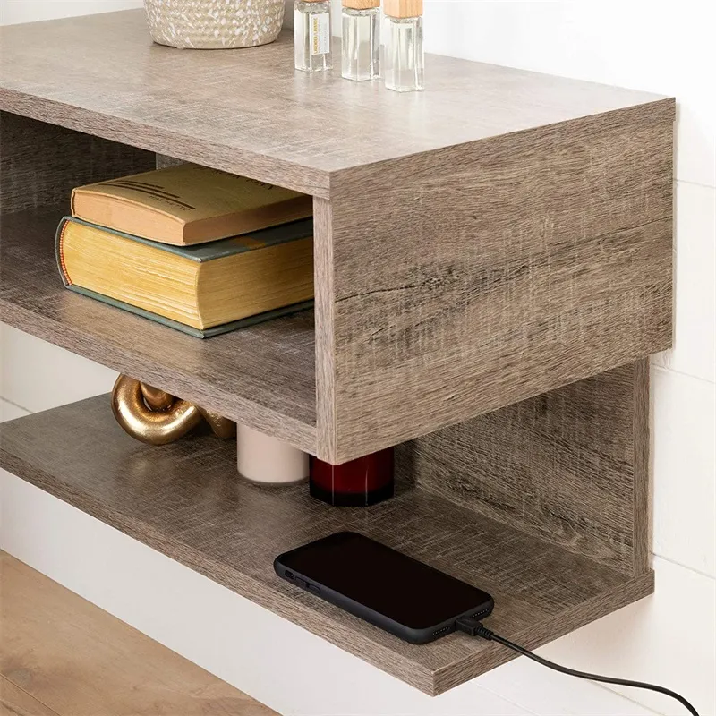 Wooden Wall Mounted Shelf with Drawer Bedside Nightstand Side Table