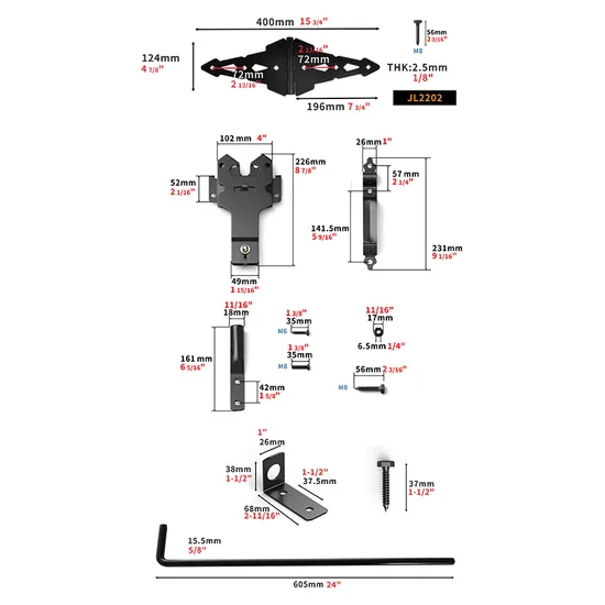Post Latch & Strap Hinge Door Drop Rod Kit Metal Black Fence Hardware