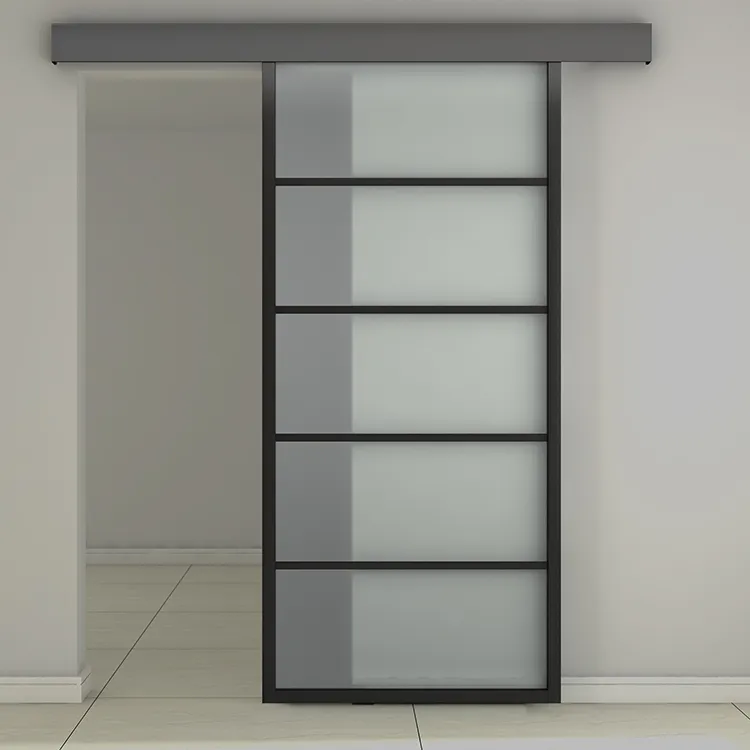 Aluminum Black Metal Frame Glass Interior Sliding Barn Door with Hardware Kit