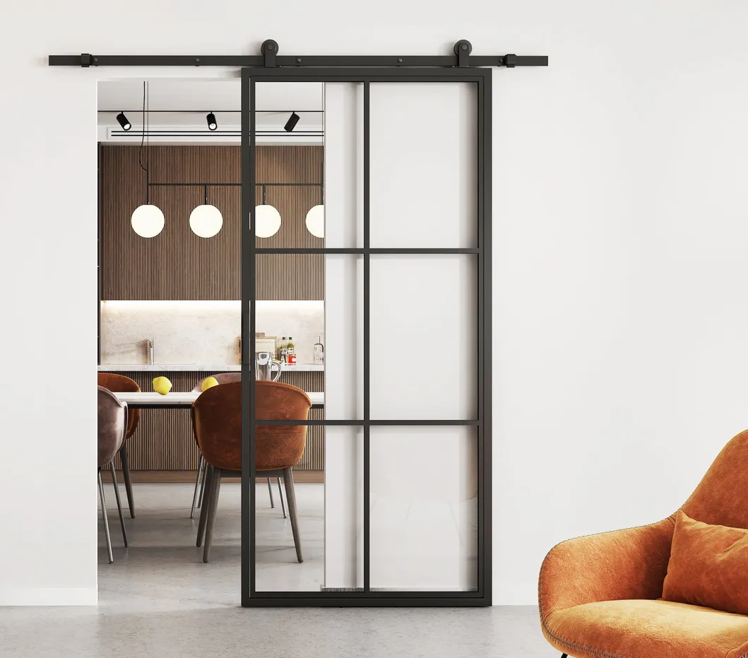 Carbon Steel 6 Lites Black Steel Frame Glass Sliding Barn Door Leaf