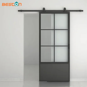 Glass Sliding Barn Door Paneled Frosted Glass Carbon Steel Frame Sliding Closet