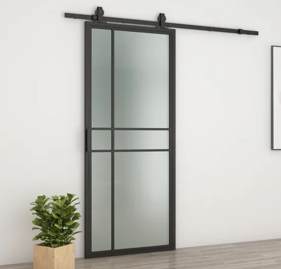 Modern Black Steel Frame Glass Sliding Barn Door with Hardware