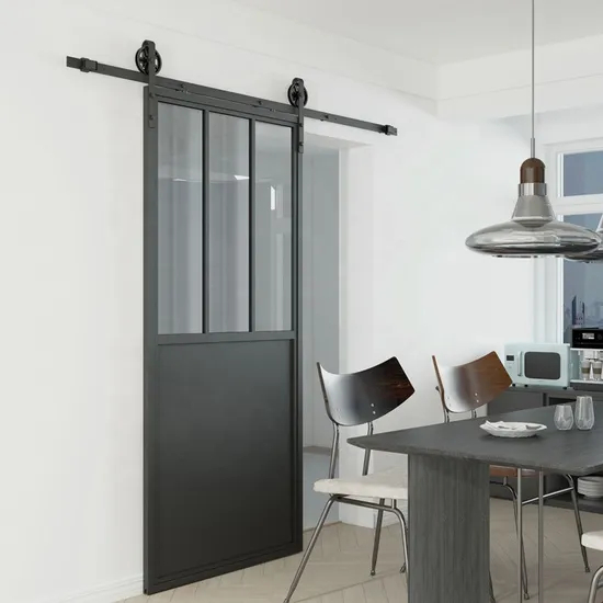 Rustic Style Black Steel Aluminum Frame Sliding Glass Barn Doors