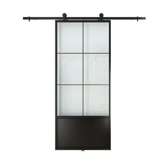 Modern Black Steel Frame Glass Barn Door, Interior Sliding Door