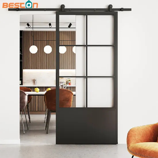 6 Lites&Base Black Steel Frame Glass Barn Door Leaf