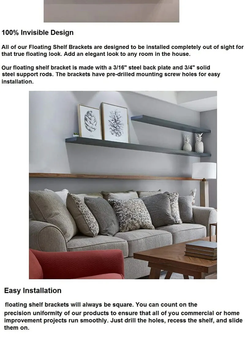 12 Inches I Shape Floating Pipe Shelf Mounting Brackets with Invisible Design