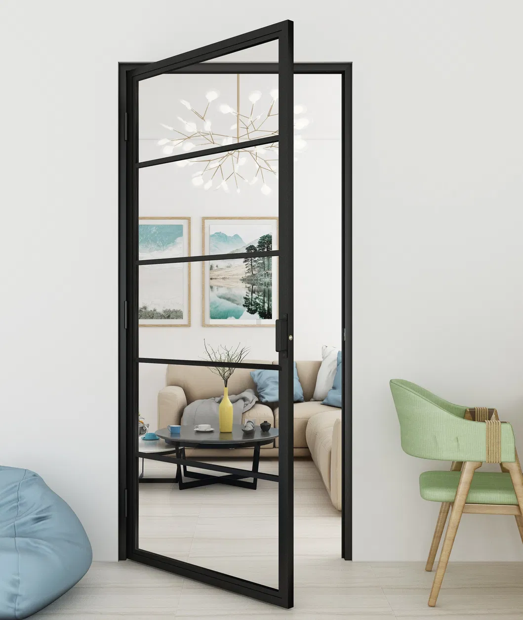 Black Steel Frame Swing Glass Door with Hinges for Interior Use