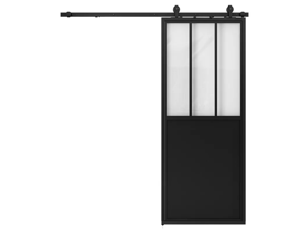 Black Steel Framed Clear Glass Sliding Barn Door with Skirt Board