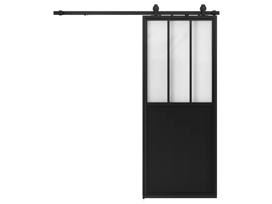 Black Steel Framed Clear Glass Sliding Barn Door with Skirt Board