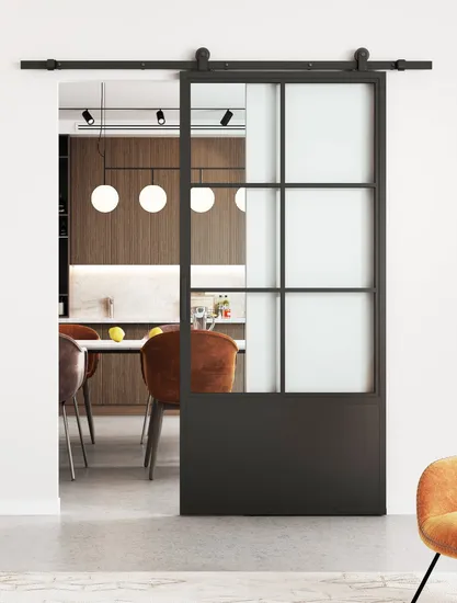 French Black Carbon Steel Frame Clear Glass Interior Sliding Barn Door Hardware