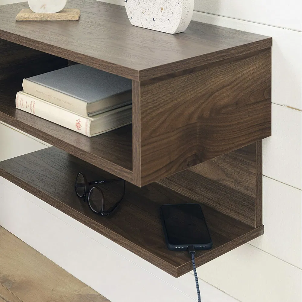 Wooden Wall Mounted Shelf with Drawer Bedside Nightstand Side Table