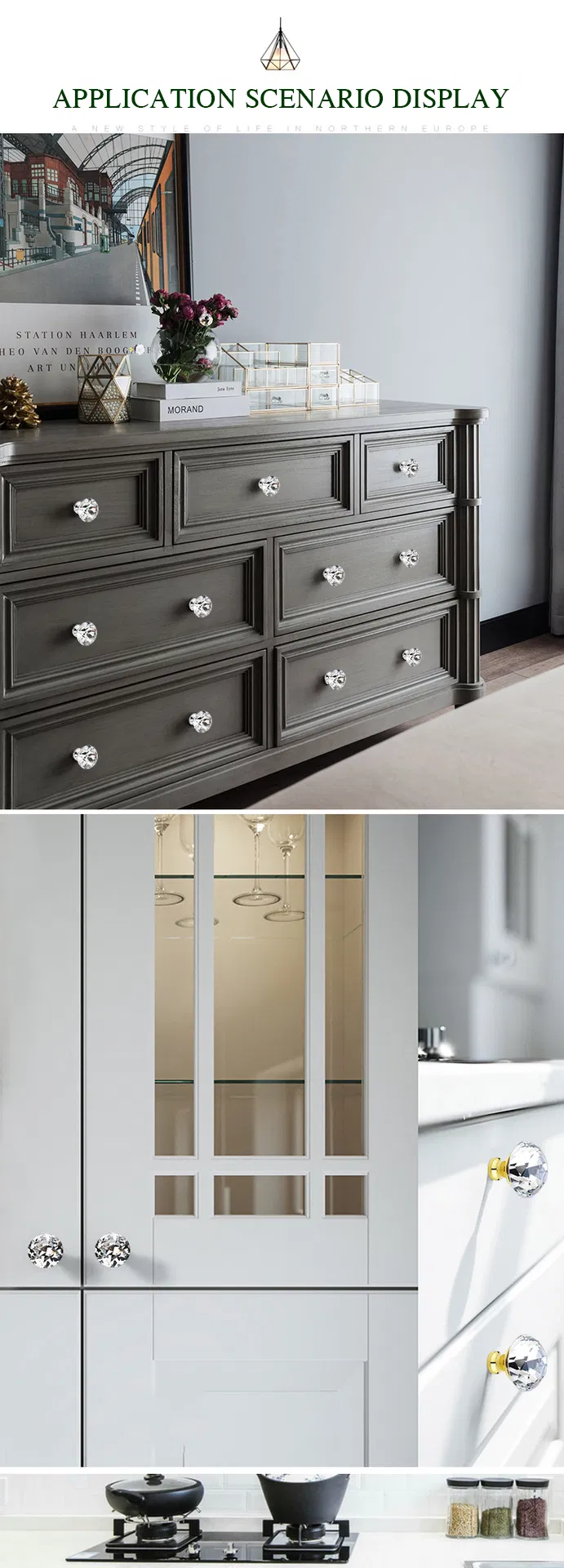 Crystal Glass 30mm Diamond Shape Clear Zinc Cabinet Drawer Door Knob