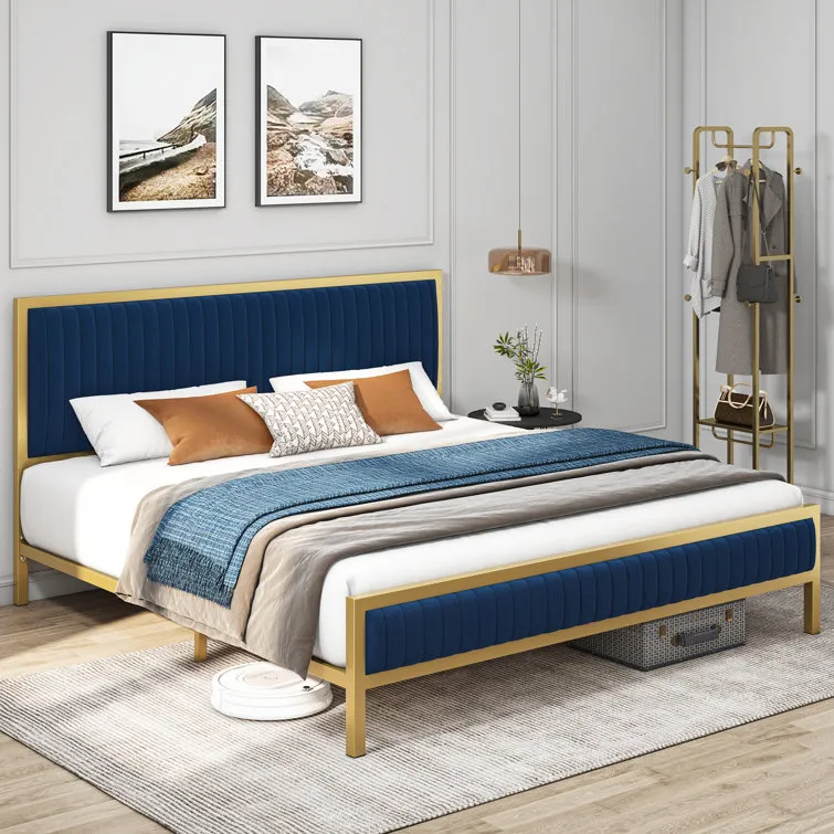 Full Size Metal Bed Base with Velvet Queens Beds Frame