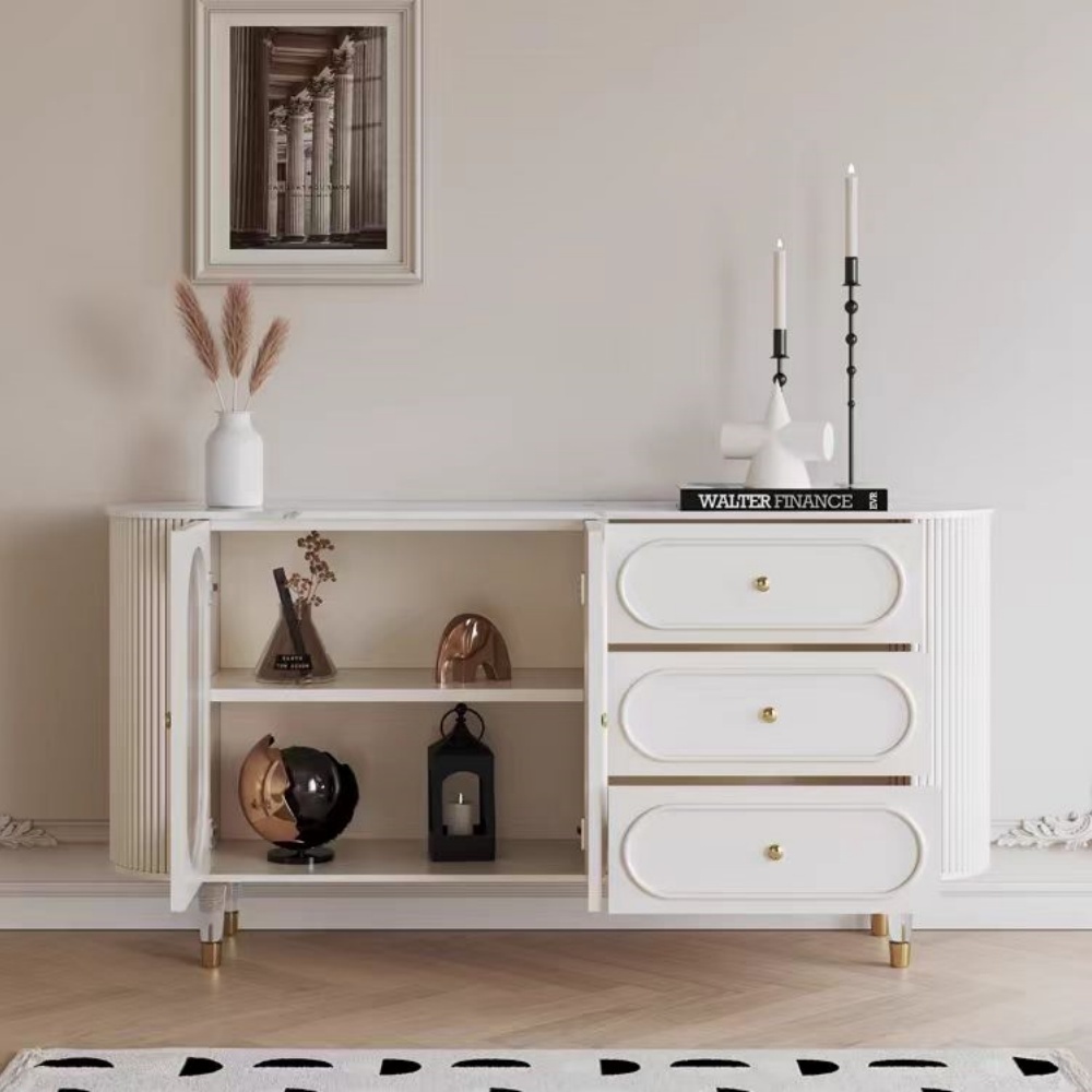 French Cream Solid Wood Sideboard - Stone Top, Acrylic Legs & 2 Drawer Storage for Kitchen & Dining