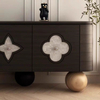 French Style Solid Wood TV Stand - Four-Leaf Clover Carvings, 2 Drawers & Open Shelves for Living Room