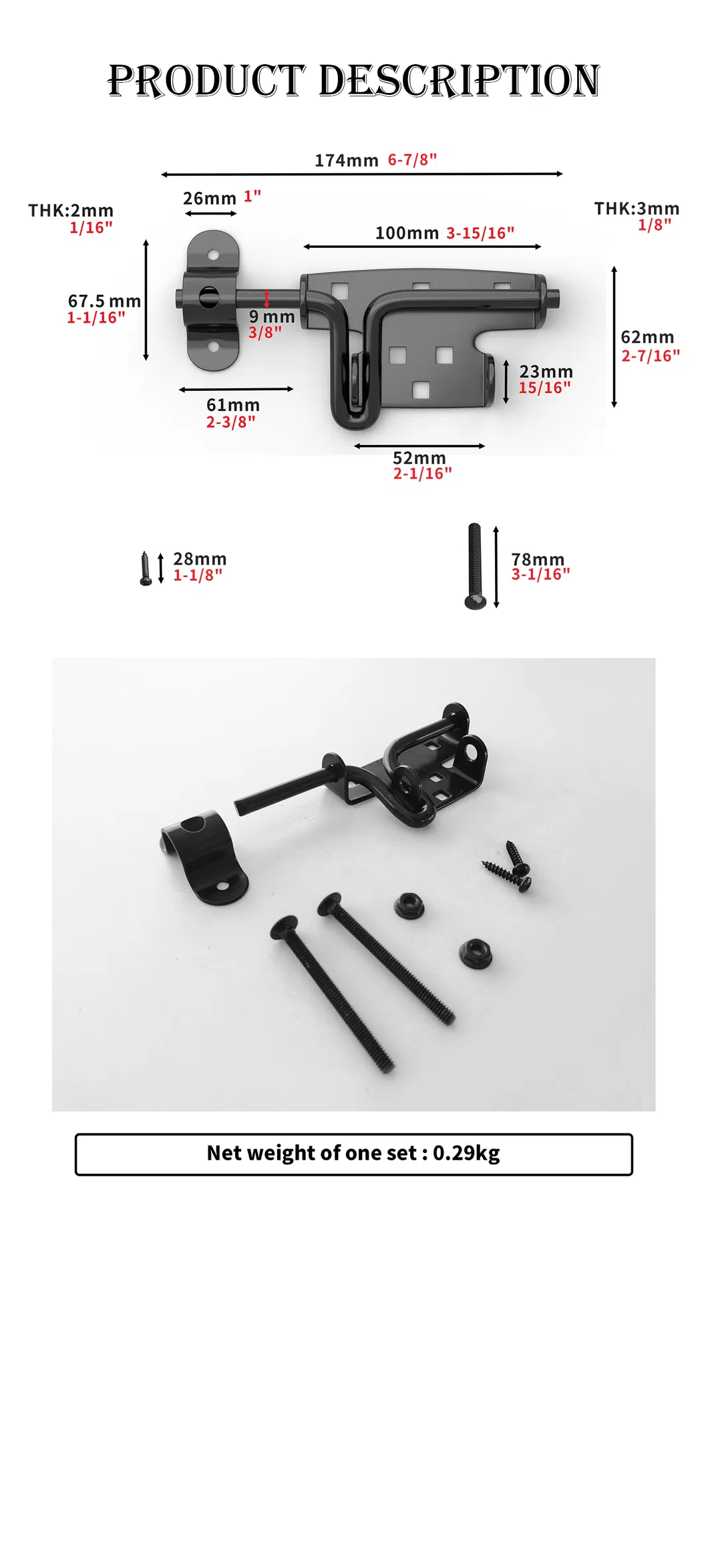 Black Safety Lock Bolt Heavy Duty Slide Bolt Lock Door &amp; Window Hinges