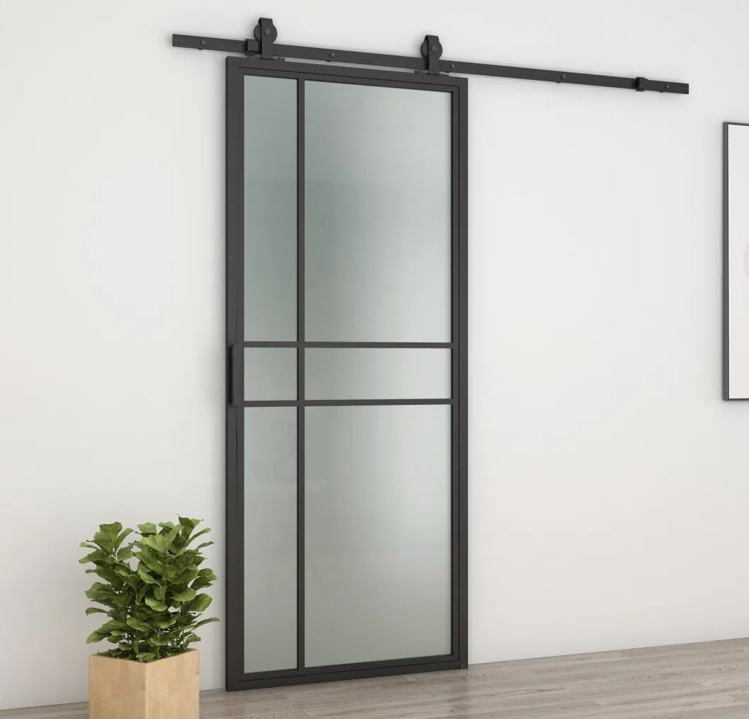 Modern Black Steel Frame Glass Sliding Barn Door with Hardware