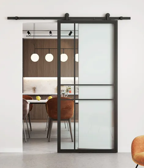 Modern Black Steel Frame Glass Sliding Barn Door with Hardware
