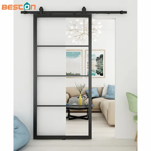 Black Steel Frame Clear Glass Loft Barn Door with Sliding Hardware