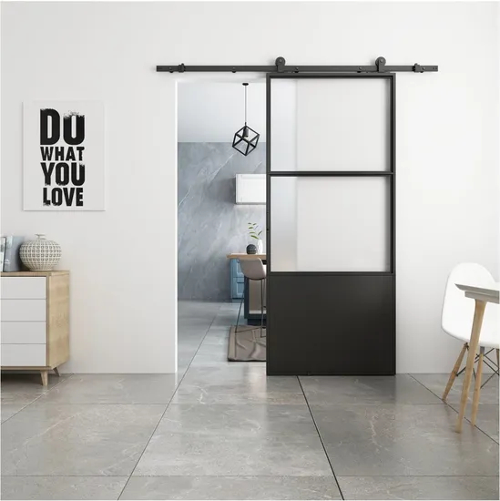 Clear Glass Black Steel Frame Interior Barn Door with Sliding Hardware Kit