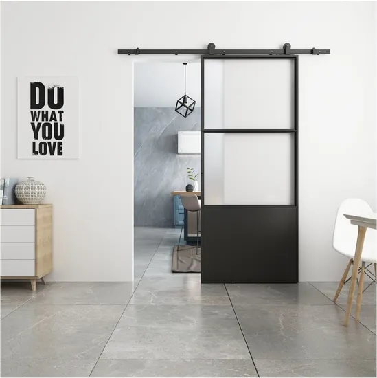 Clear Glass Black Steel Frame Interior Barn Door with Sliding Hardware Kit