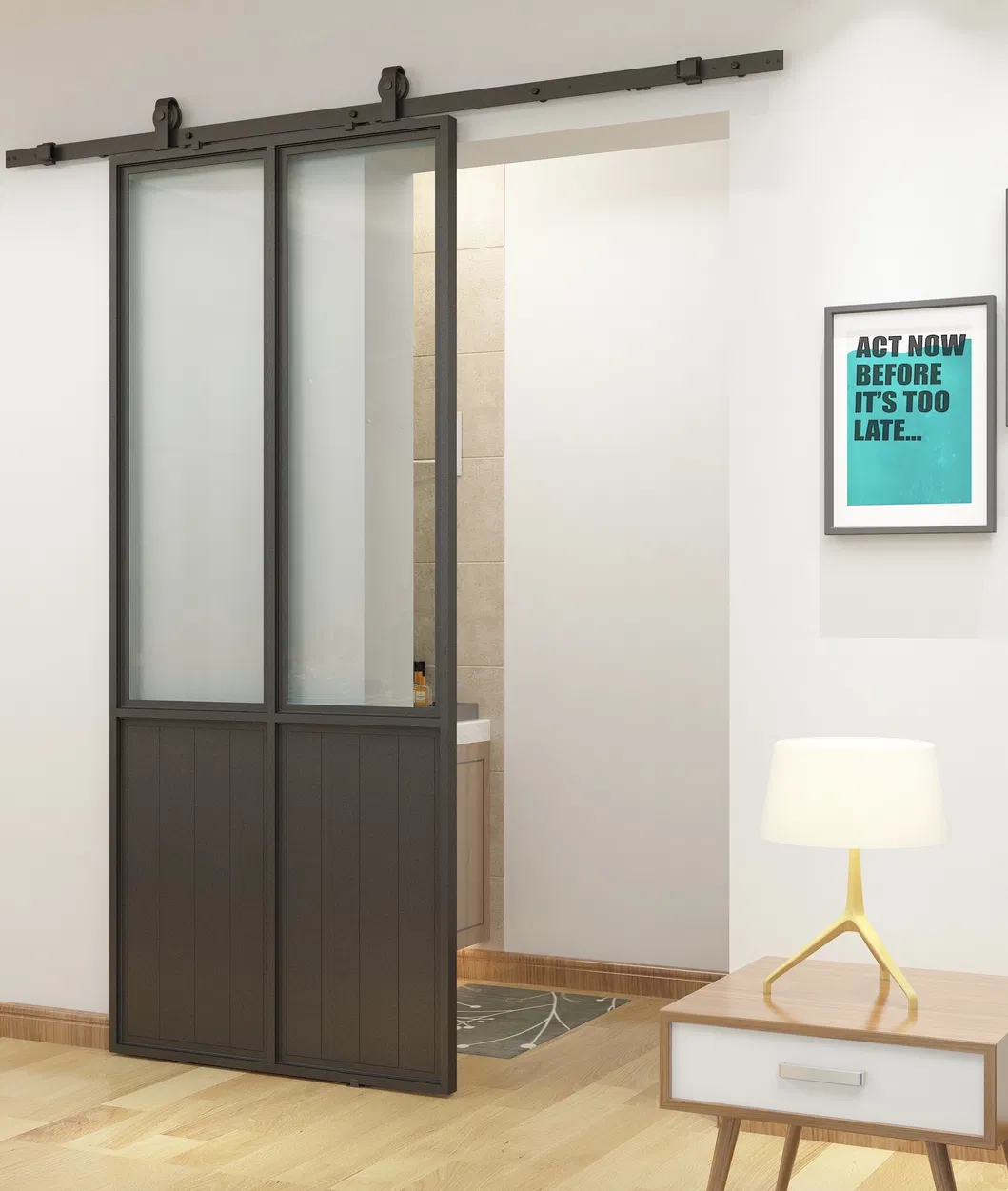 French Style Black Steel Frame Clear Glass Barn Door with Kickplate