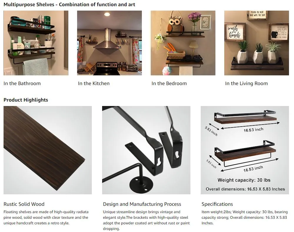 Floating Shelves Wall Mounted Storage Shelves for Kitchen Bathroom