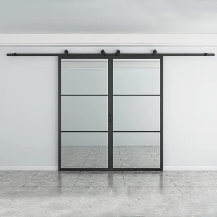 Black Powder Coated Glass Flush Door Double Sliding Impact Glass Sliding Door