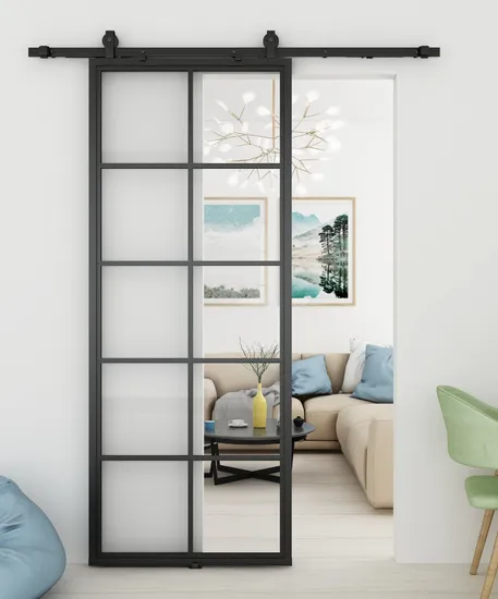 Steel Frame Clear Glass Sliding Barn Door with Hardware Kit
