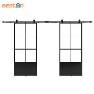 Double Kick Helder Metal Frame Clear Glass Doors with Barn Door Hardware