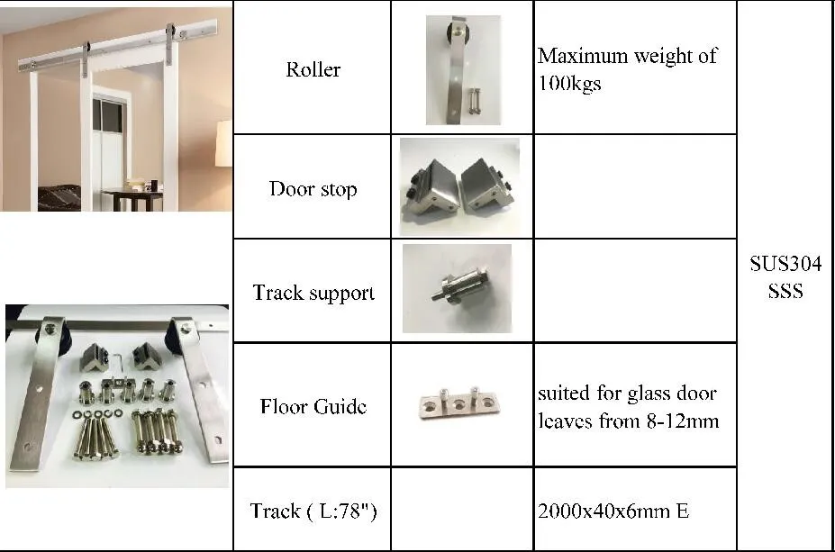 Rubber Sliding Door Wood Stainless Steel 304 Hanging Barn Door Hardware Kits