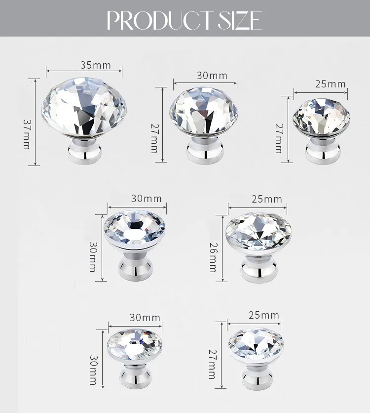Crystal Glass 30mm Diamond Shape Clear Zinc Cabinet Drawer Door Knob