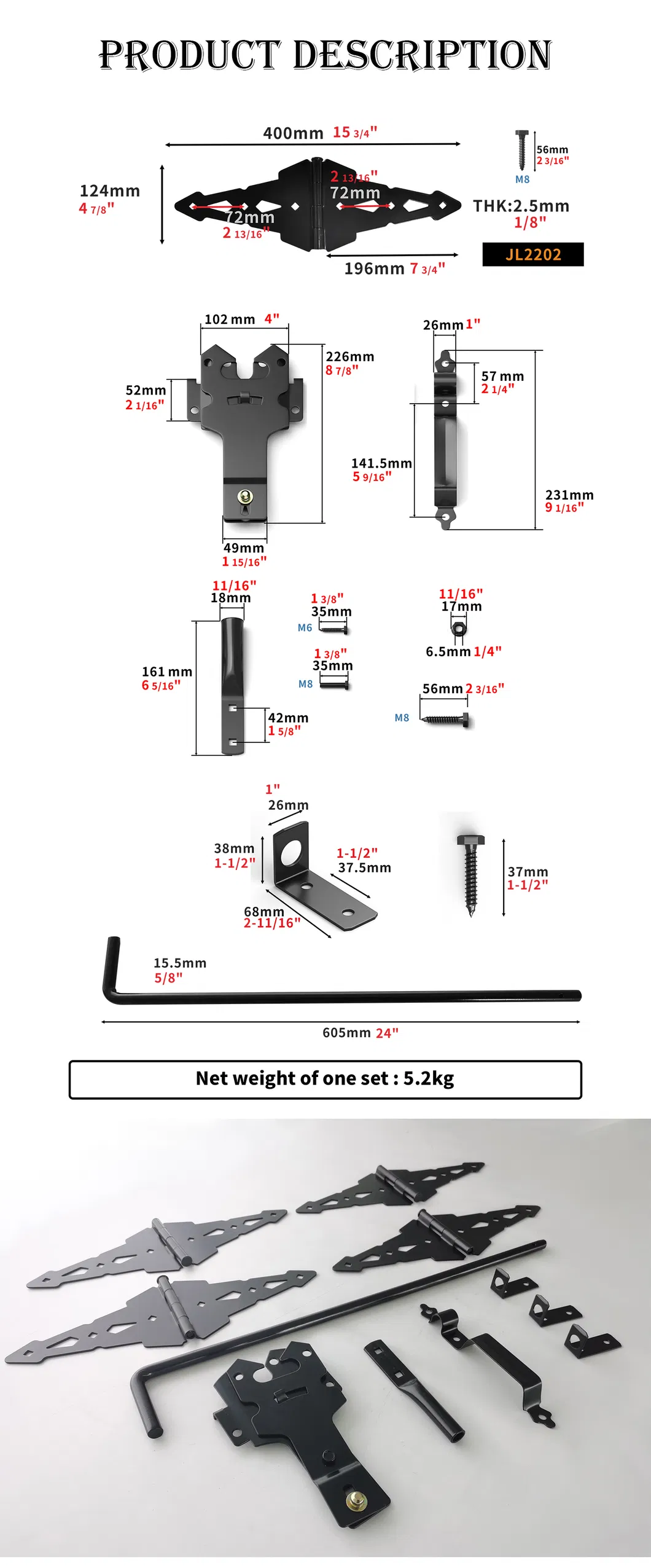 Post Latch &amp; Strap Hinge Door Drop Rod Kit Metal Black Fence Hardware