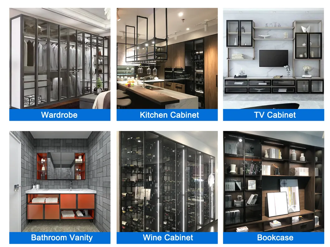 Black Metal Frame Door with Glass for Cabinet Closet Element Design Oak Furniture Rustic Tall Aluminum Profile for Wardrobe Hinged Swing Rebound Double Doors