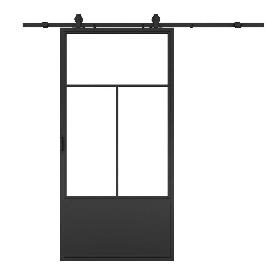 Clear Glass Black Metal Finish Sliding Barn Door with Hardware Kit
