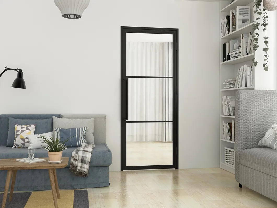 Modern Black Steel Frame Glass Sliding Barn Door for Interior Use