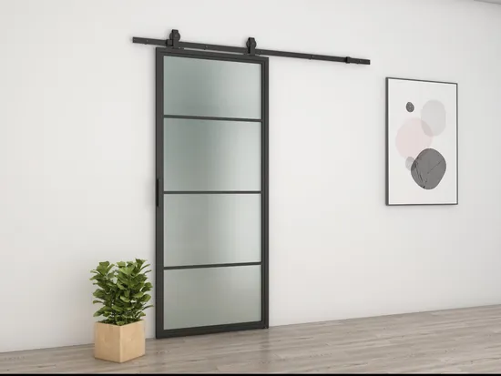 Black Steel Frame Clear Glass Loft Barn Door with Sliding Hardware