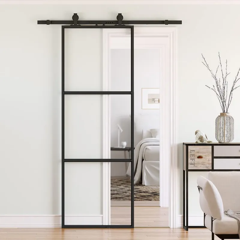 Carbon Steel Barn Door Aluminum Tempered Glass Metal Mountain Sliding Barn Door