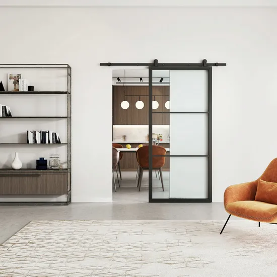 3 Lites Customized Black Steel Frame Glass Barn Door Leaf