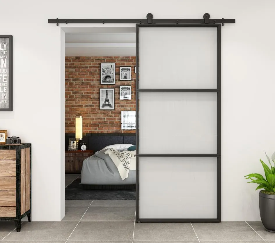 Black Steel Framed Clear Glass Sliding Barn Door for Interior Use