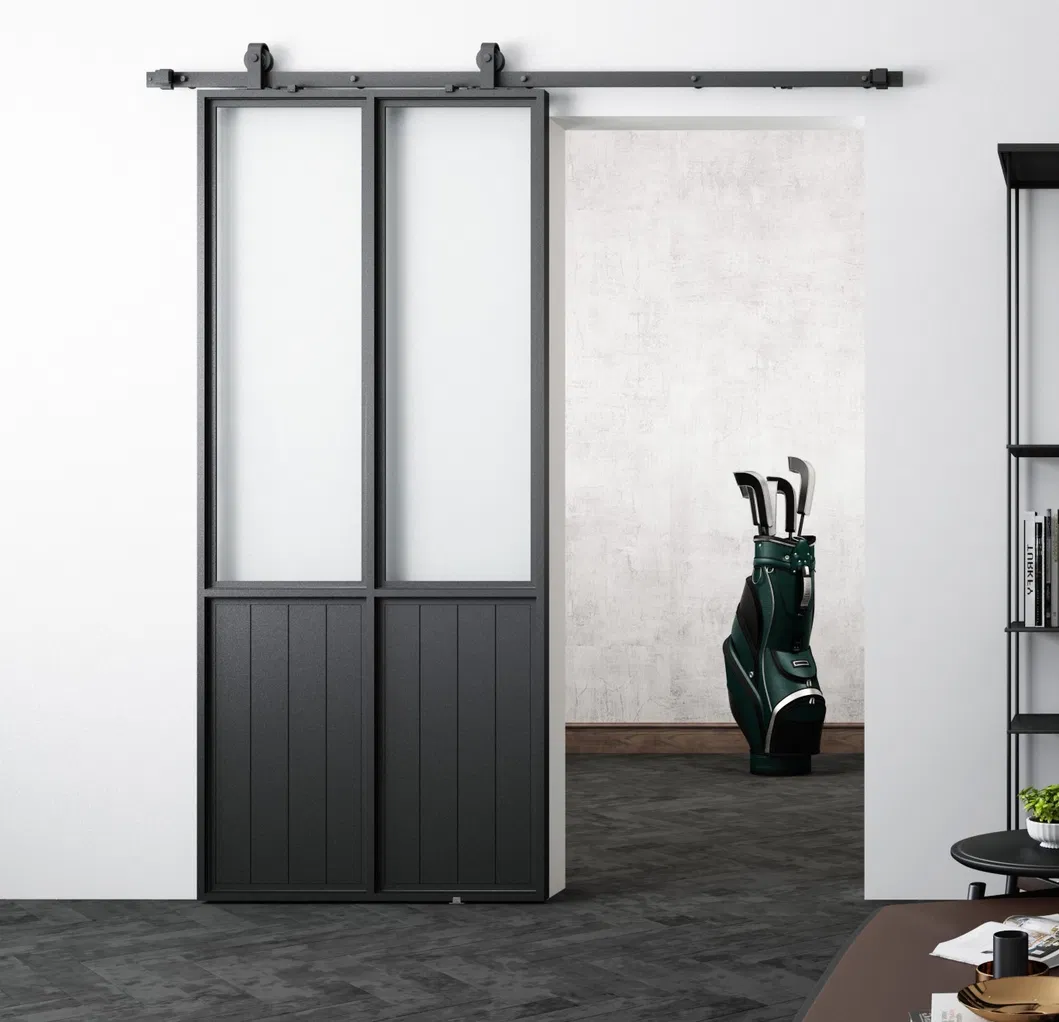 French Style Black Steel Frame Clear Glass Barn Door with Kickplate