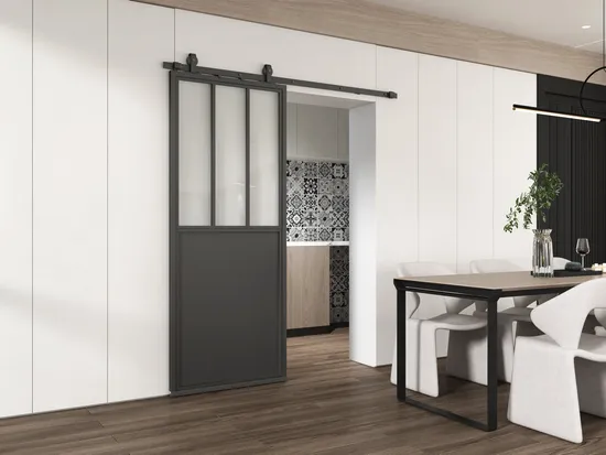 Black Steel Framed Clear Glass Sliding Barn Door with Skirt Board