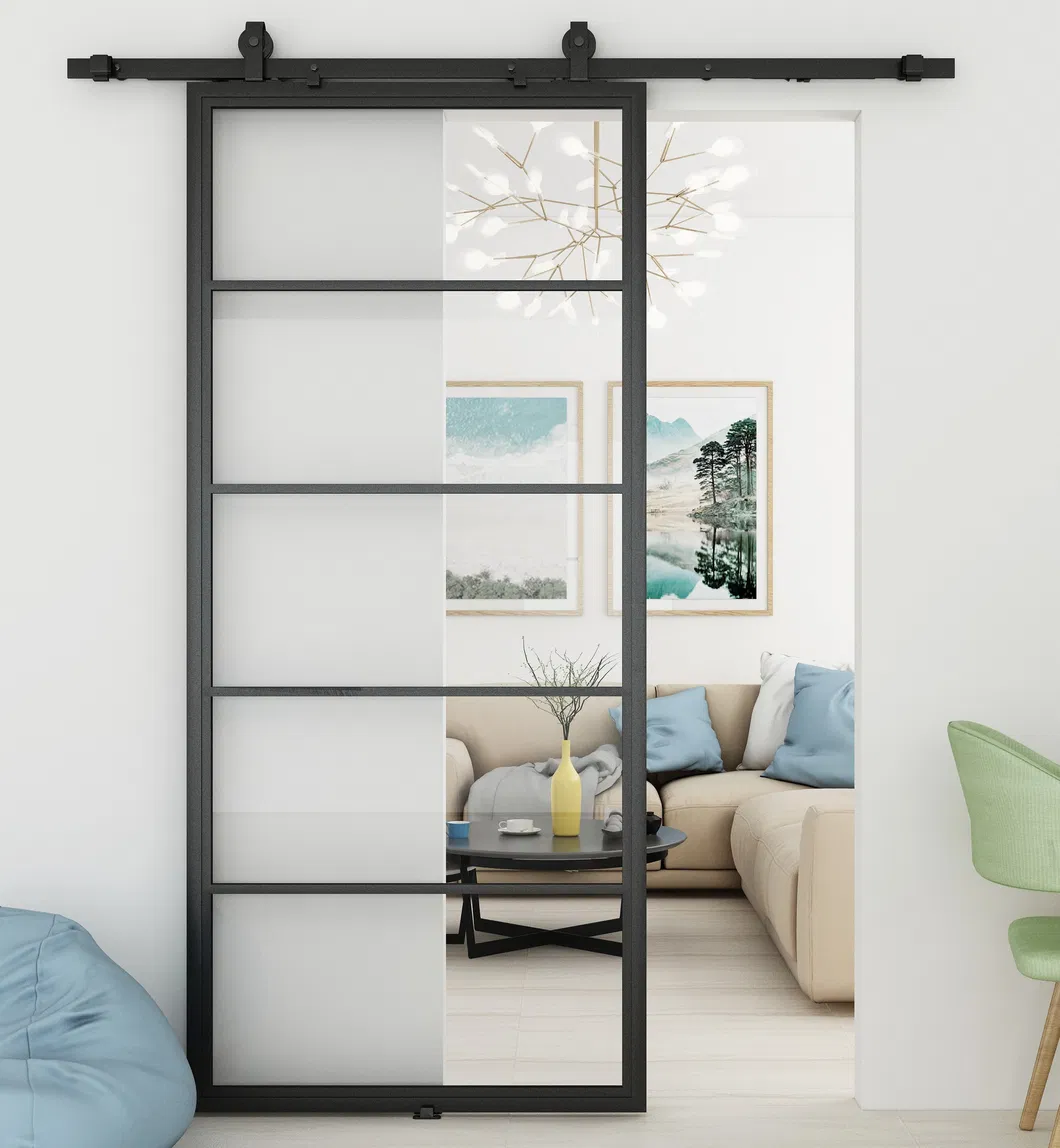 Morden Steel Framed Clear Glass Sliding Barn Door with Hardware