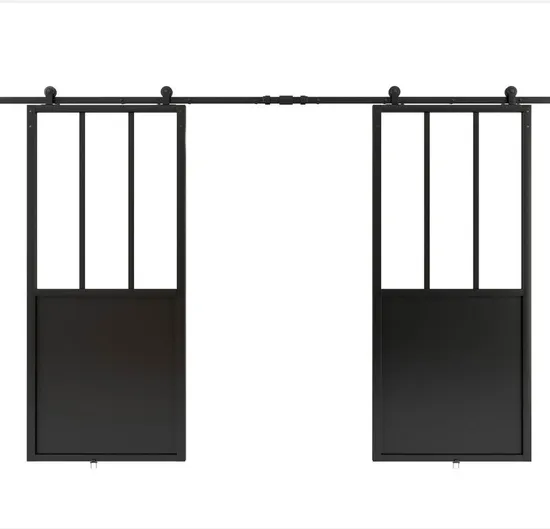 Double Kick Helder Metal Frame Clear Glass Doors with Barn Door Hardware